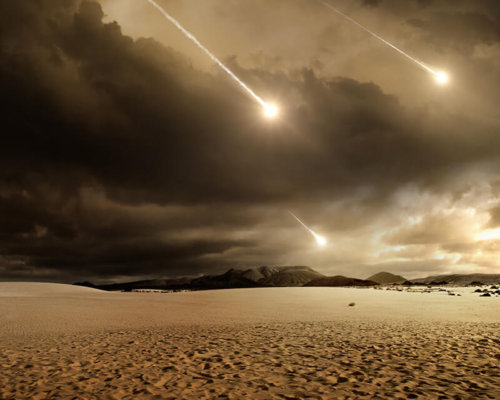 cuento de ciencia ficción meteoritos se aproximan a la tierra, el cielo está nublado y la tierra erosionada