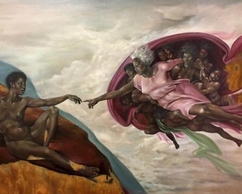"The Creation of God" ....we all are created in "Gods" image. A reimagination of the hand of God by Michelangelo in the Sixtine Chappel, portraying a black woman as god and a black woman as the woman representing humans.