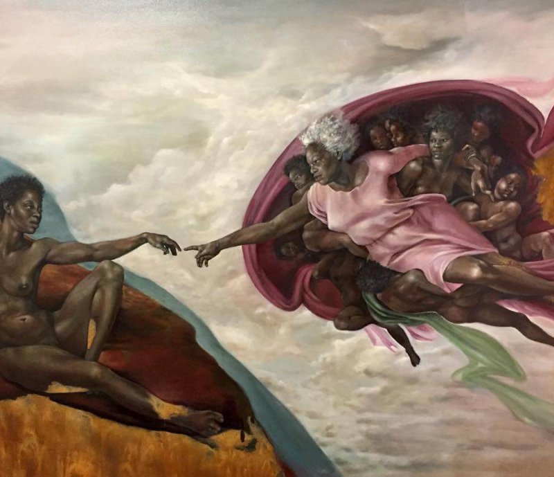 "The Creation of God" ....we all are created in "Gods" image. A reimagination of the hand of God by Michelangelo in the Sixtine Chappel, portraying a black woman as god and a black woman as the woman representing humans.