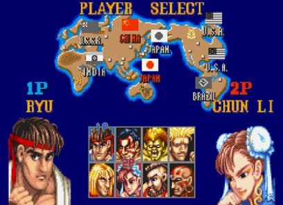panel de seleccion de jugaros con mapa de japón, el videojuego es Street Fighter II