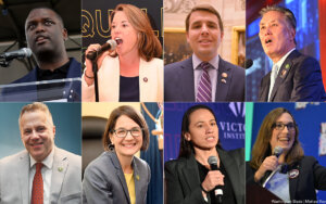 Los candidatos LGBTQ a seguir en estas elecciones incluyen (de arriba a la izquierda, en el sentido de las agujas del reloj): el exrepresentante estadounidense Mondaire Jones (D-N.Y.), la representante estadounidense Angie Craig (D-Minn.), el representante estadounidense Chris Pappas (D-N.H.), el representante estadounidense Mark Takano (D-Calif.), la senadora estatal de Delaware Sarah McBride (D), la representante estadounidense Sharice Davids (D-Kansas), la representante estadounidense Becca Balint (D-Vt.) y el representante estadounidense Eric Sorensen (D-Ill.). (Fotos de Washington Blade por Michael Key).