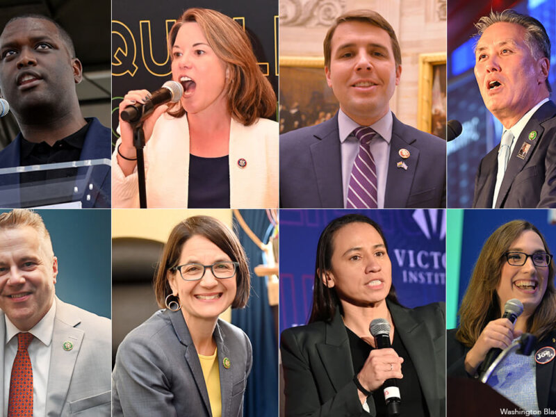 Los candidatos LGBTQ a seguir en estas elecciones incluyen (de arriba a la izquierda, en el sentido de las agujas del reloj): el exrepresentante estadounidense Mondaire Jones (D-N.Y.), la representante estadounidense Angie Craig (D-Minn.), el representante estadounidense Chris Pappas (D-N.H.), el representante estadounidense Mark Takano (D-Calif.), la senadora estatal de Delaware Sarah McBride (D), la representante estadounidense Sharice Davids (D-Kansas), la representante estadounidense Becca Balint (D-Vt.) y el representante estadounidense Eric Sorensen (D-Ill.). (Fotos de Washington Blade por Michael Key).